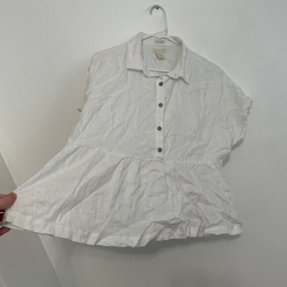 CATHERINE MALANDRINO Solid White Popover Short Sleeve 100% Linen Peplum Blouse M - Picture 8 of 12
